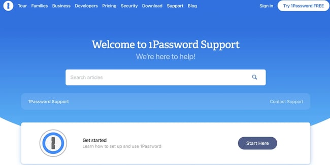 1Password Support is a great help desk knowledge base example. 
