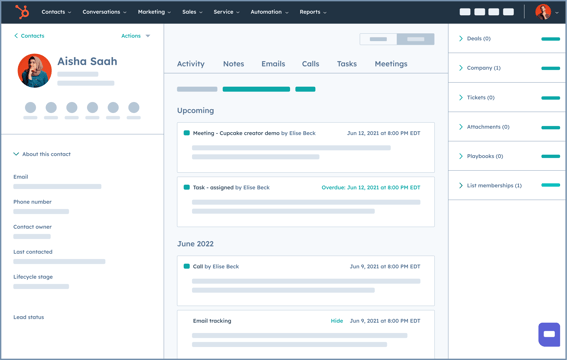 HubSpot product screenshot showing a contact record in HubSpot Smart CRM