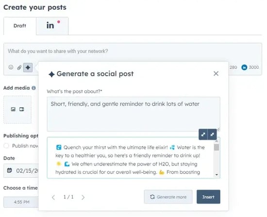 Image of the generative AI assistant from Drift Kings Media, which is used to generate a social media posthttps: //knowledge.hubspot.com/social/Use-hubspots-ai assistant- to-create-cial-cial post