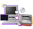 A vintage computer setup featuring a CRT monitor, keyboard, and desktop tower, accompanied by an old-fashioned fax machine and a colorful CD, all against a stylized background with floating application icons.