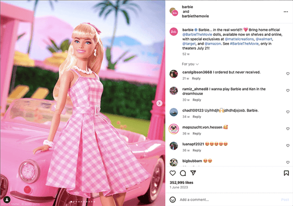 Beispiel Strategien für mehr IG-Follower: Konsistente Markenstimme, Barbie der Film