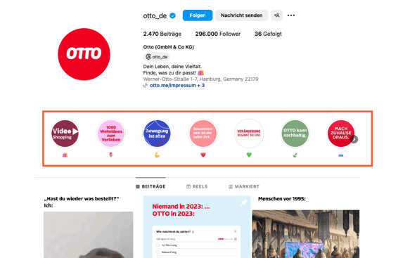 Das Unternehmen Otto verwendet Instagram-Stories, um mehr Instagram-Follower über die Story-Highlights zu gewinnen