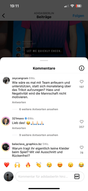 Screenshot von Adidas Instagram Kommentarsektion