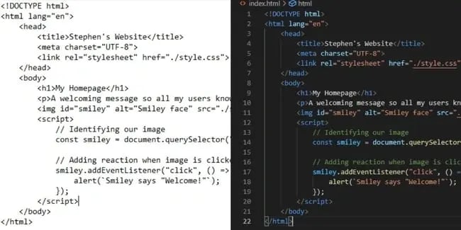 Screenshot normalen Texteditor vs Code-Editor