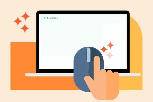 Illustration of a finger clicking a mouse. A laptop screen says, 