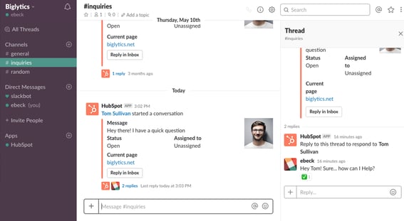 screenshot of HubSpot's free live chat software Slack conversations