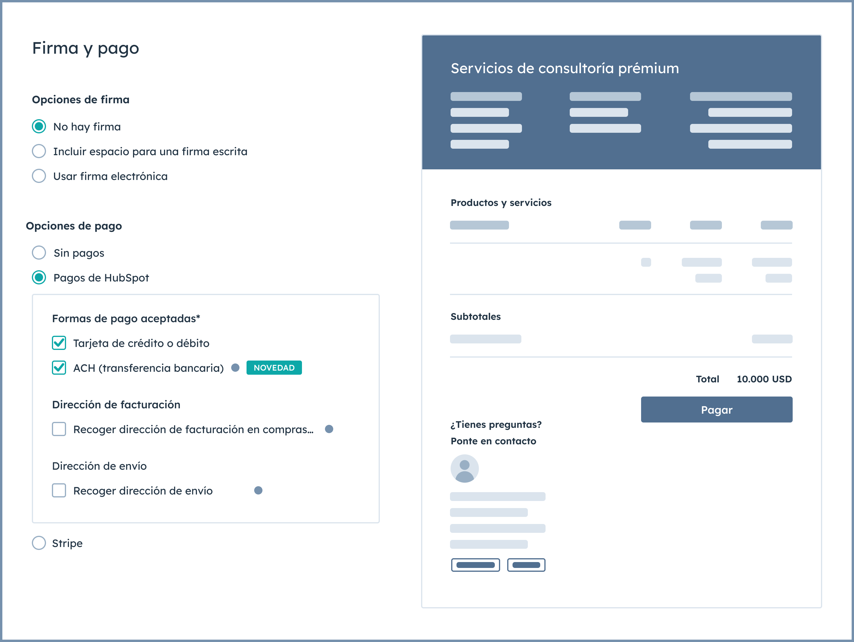 Configuración de pagos y cotizaciones en Sales Hub.