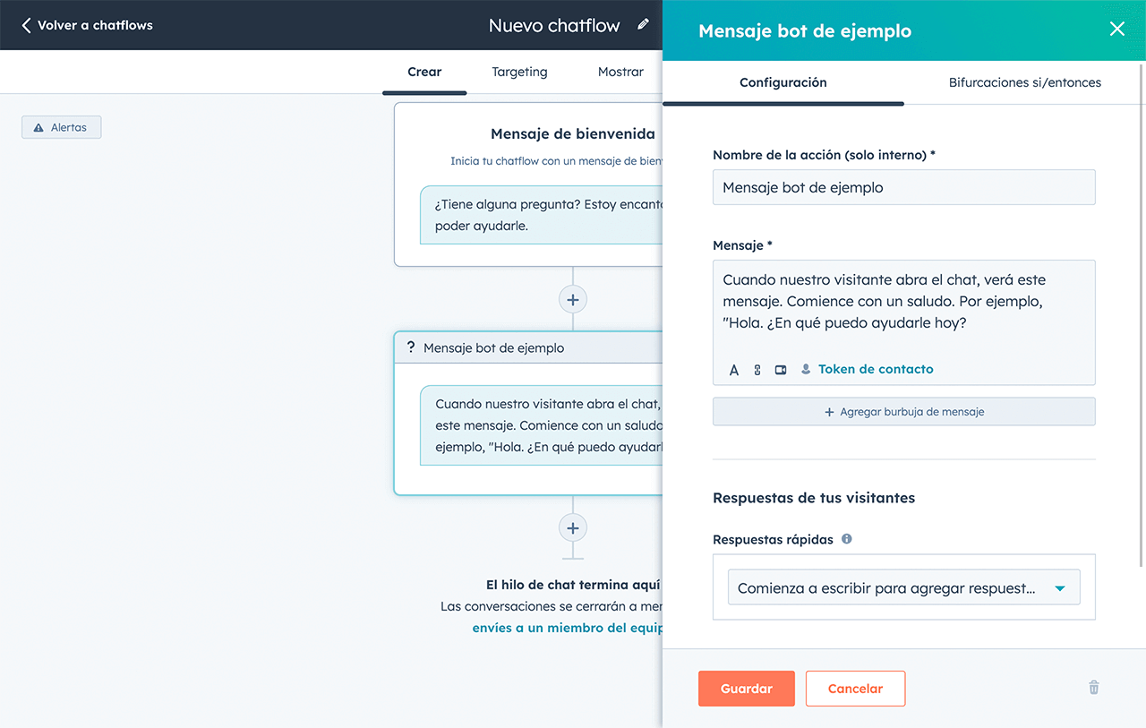 Personalización de un flujo de conversación en el creador de chatbots de HubSpot.