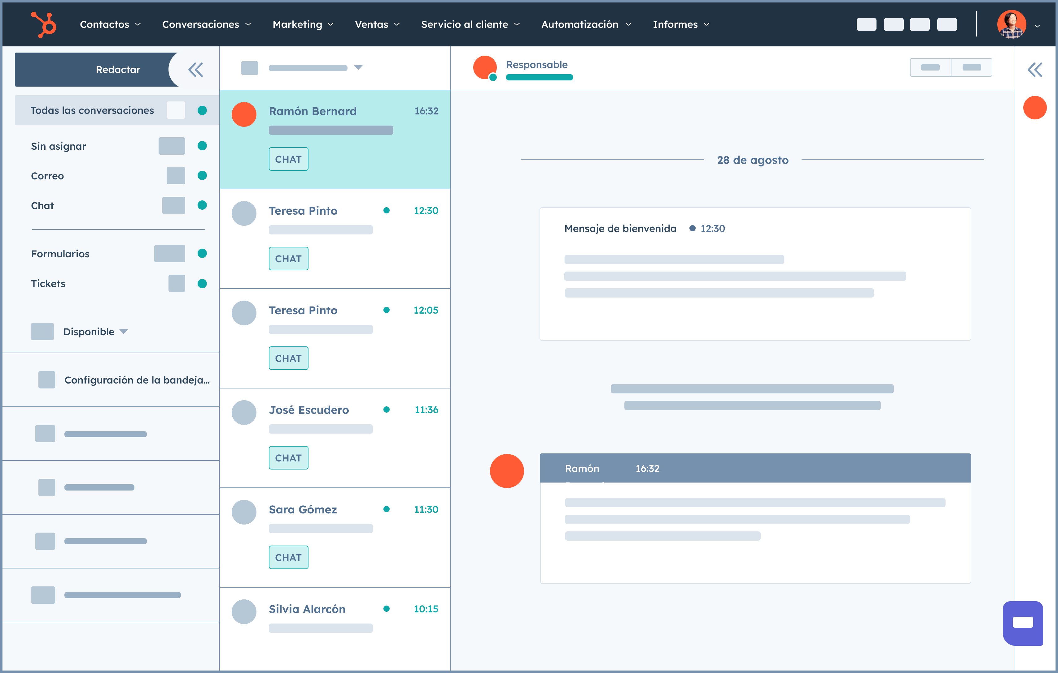 Bandeja de conversaciones en Service Hub de HubSpot.