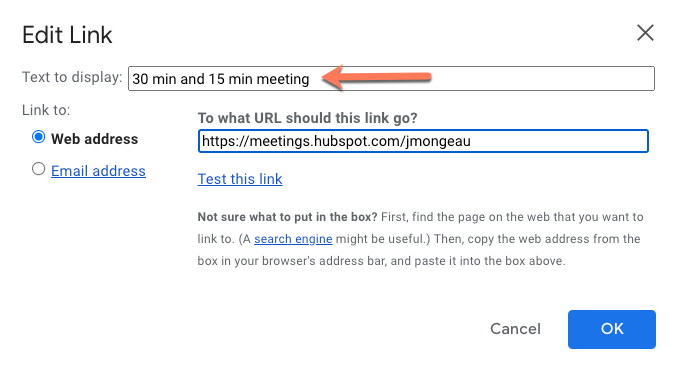 editar o texto da ligação de reunião no gmail