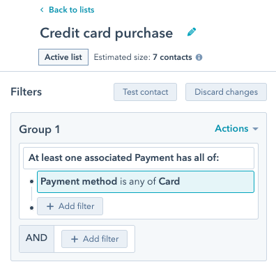 interfaz para crear una lista por pagos con tarjeta de crédito