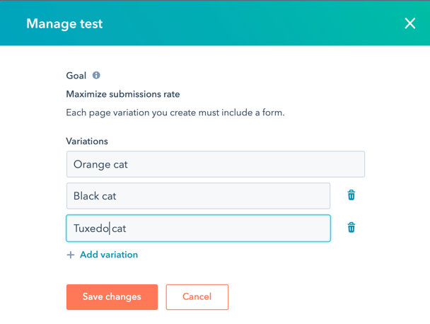 gerenciar variações de teste