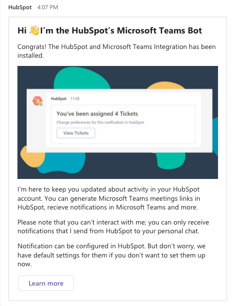 Microsoft Teams内のHubSpotからの歓迎メッセージ