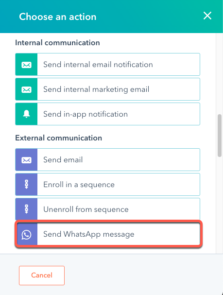 Menú para elegir las acciones de los mensajes de WhatsApp en un workflow