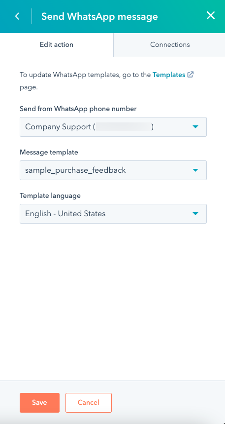 Acción de workflow para enviar un mensaje de WhatsApp