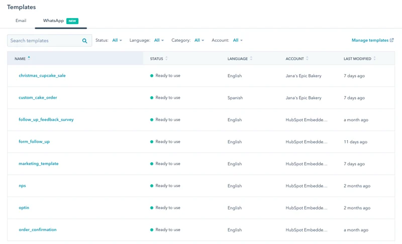 Panel de plantillas de WhatsApp en HubSpot.