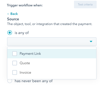 campo de fuente del pago en la interfaz de workflows
