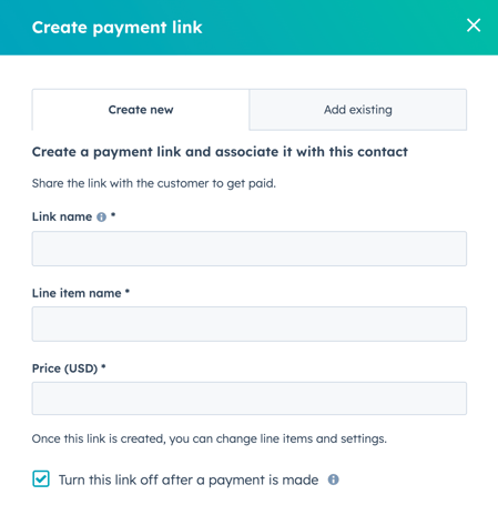 panel lateral para crear un enlace de pago