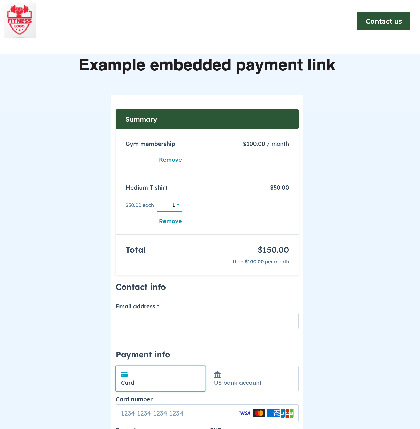 exemplo de ligação de pagamento incorporada