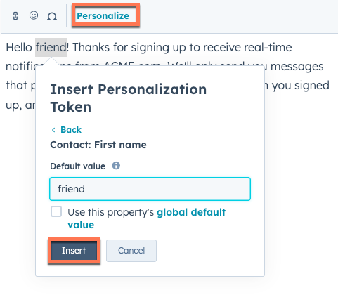 introducir token de personalización en el mensaje sms