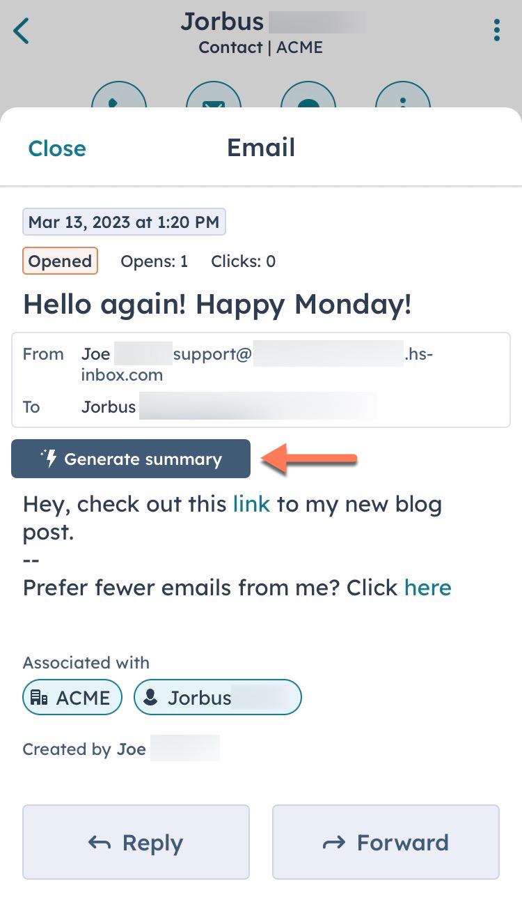 Summarize an email thread on the HubSpot mobile app for iOS