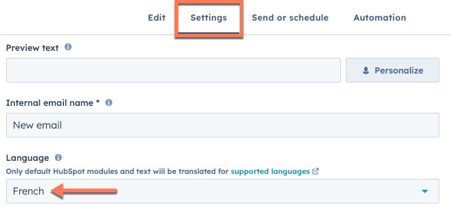 menú desplegable de idioma en la configuración del correo