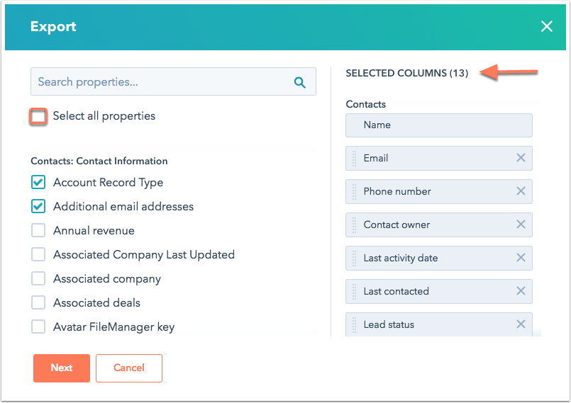 list-export-properties