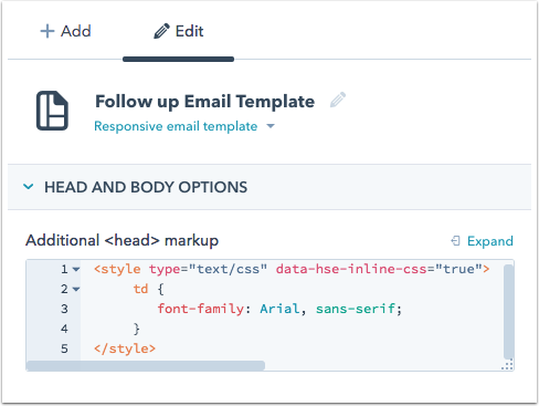 Add CSS to the head section of an email template