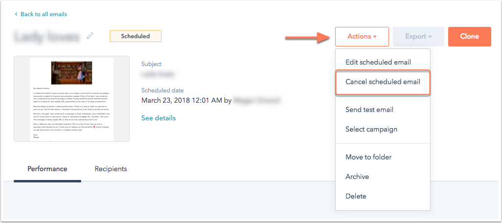 Cancel a scheduled or processing marketing email