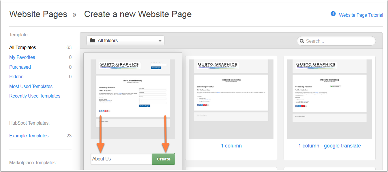select a website page template
