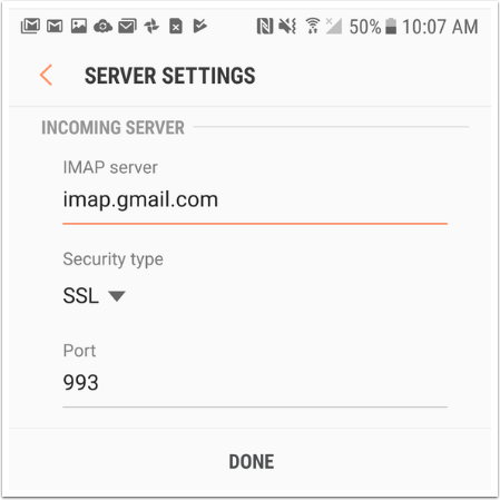 change email server settings android