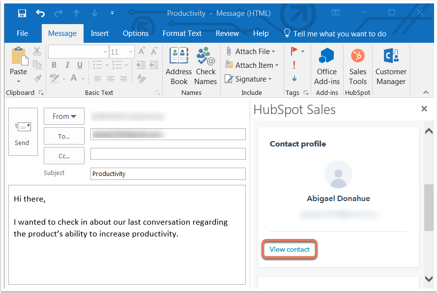 Use contact profiles with the HubSpot Sales Office 365 add in and
