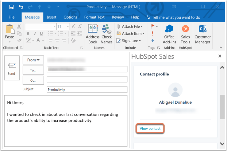 Use contact profiles with the HubSpot Sales Office 365 add-in and Outlook  desktop add-in