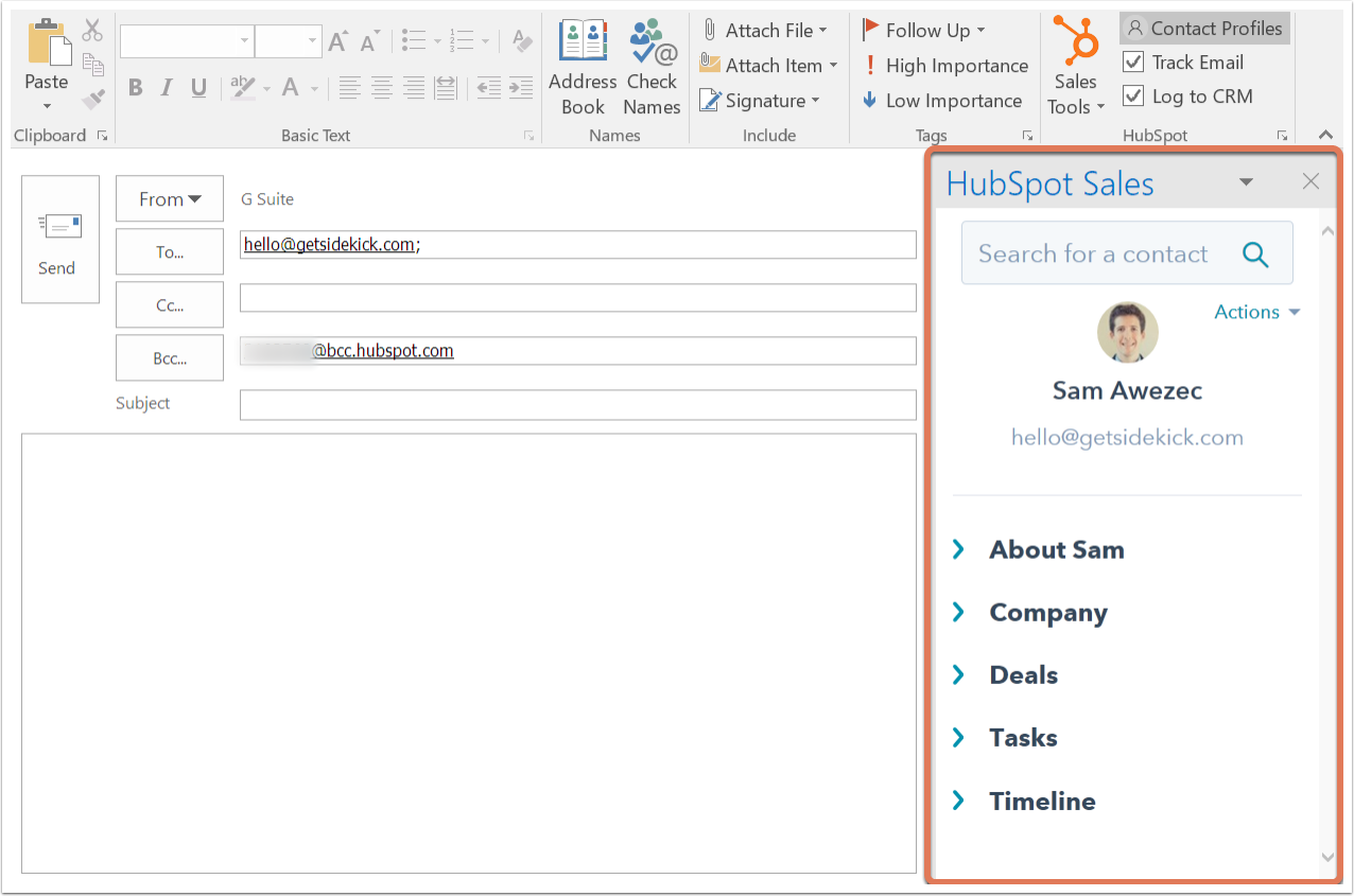 Use contact profiles with the HubSpot Sales Office 365 add in and
