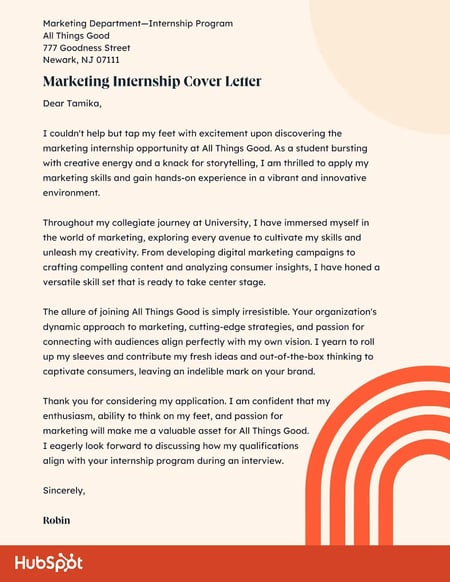 Marketing Internship Cover Letter