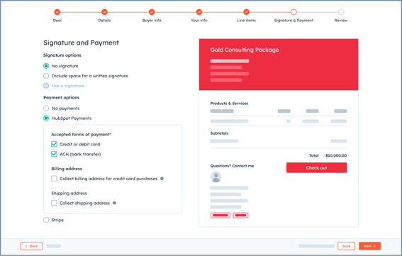 HubSpot product screenshot showing how a user would set up a payment link to collect payments from customers