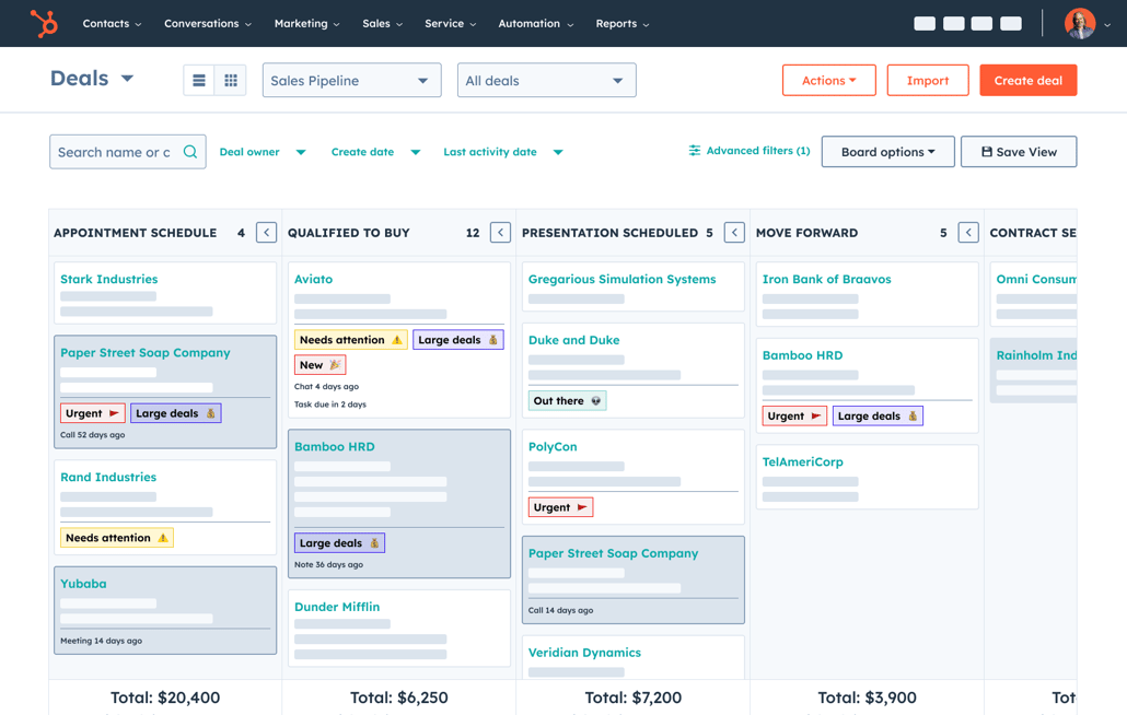 Sales Hub simple user interface showing sales tracking software columns organized by deal stage 