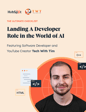 Developer checklist graphic featuring a smiling young man with a short beard in a black shirt, surrounded by coding symbols and references to HTML and C++. The title highlights tips for landing a developer role in AI.