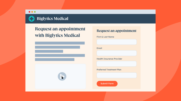 Website form to scheduled an appointment with fictitious healthcare company, Biglytics Medical 