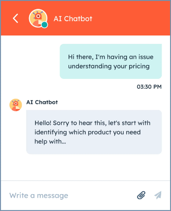 Example of a HubSpot AI chatbot module on a web page, showing how the AI can answer questions
