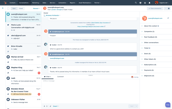 screenshot of HubSpot's free live chat software inbox