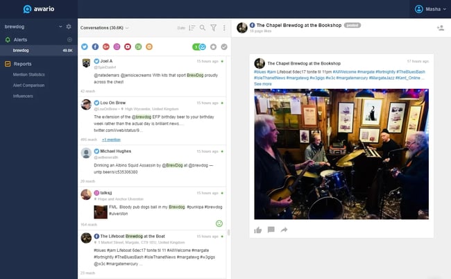 social listening tool, Alerts page in Awario