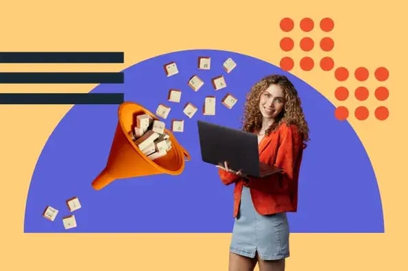 woman explores the B2B marketing funnel next to an orange funnel