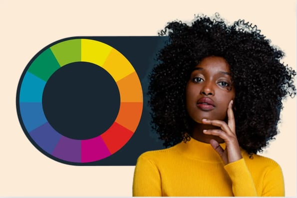 A woman in a thinking pose next to a color wheel.