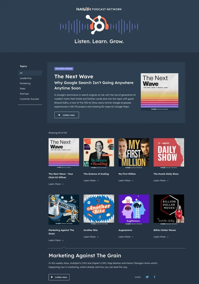 Screenshot of the HubSpot Podcast Network webpage.