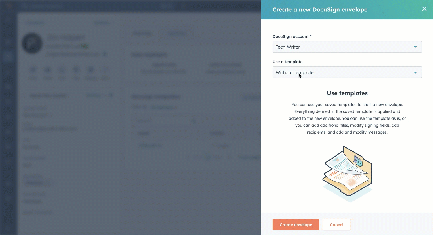 Une image GIF montrant le processus de création d’une enveloppe DocuSign dans l’éditeur HubSpot