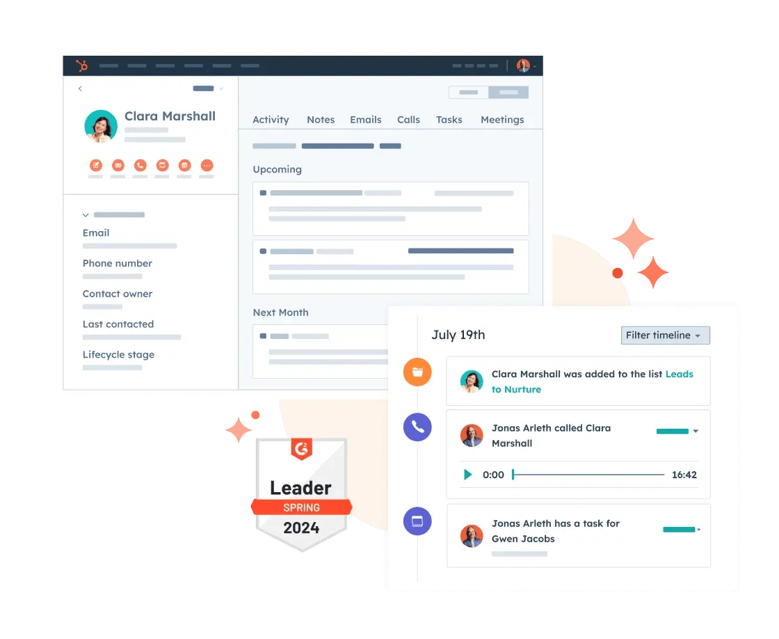 Simplified HubSpot UI showing a contact record for a business in HubSpot CRM, plus the contact's activity and interactions with the business. Also shows a G2 award badge awarded to HubSpot CRM as a leader in spring 2024.
