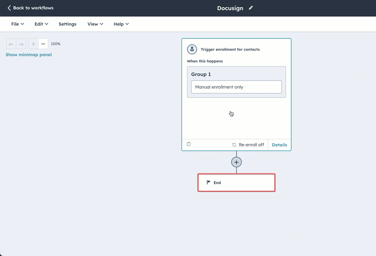 a gif showing a contact workflow in HubSpot using Docusign enrollment triggers and action