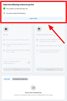Screenshot showing the criteria for live streaming on Facebook for pages