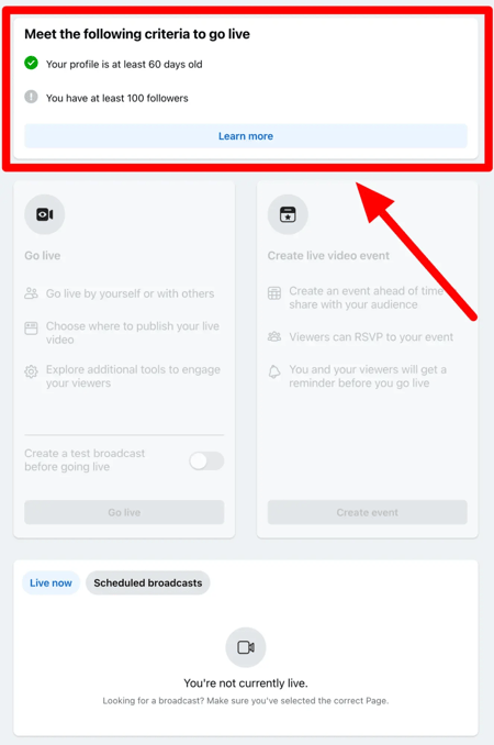 Screenshot showing the criteria for live streaming on Facebook for pages
